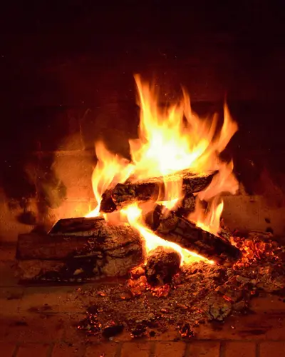 A log fire burning in the restaurant's fireplace