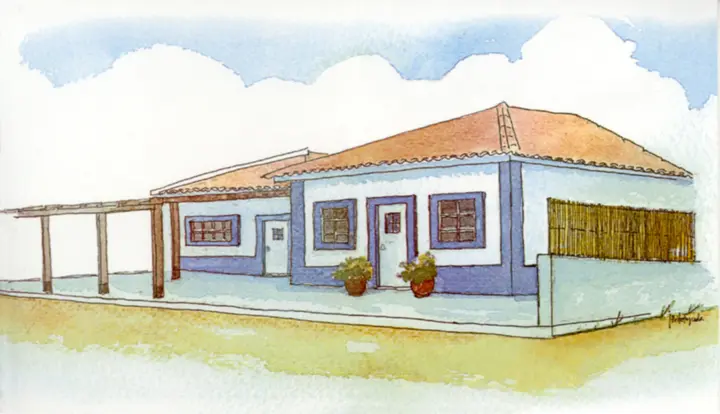Watercolour of the a Sagres restaurant: a white Algarve house with blue trim and a terracotta roof